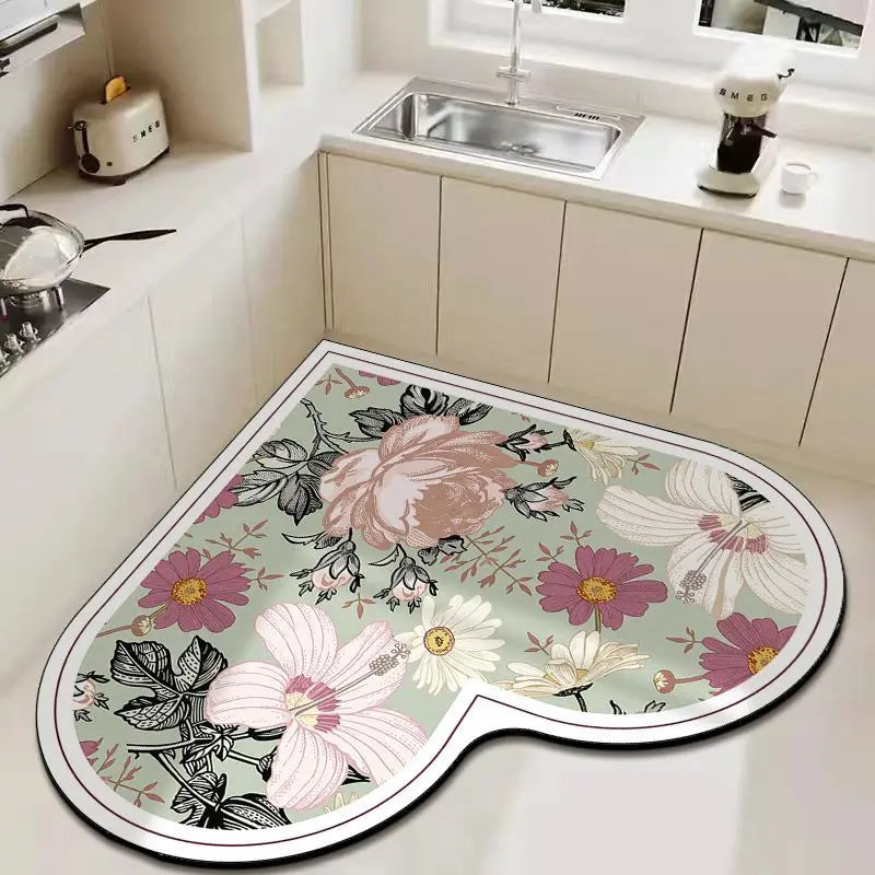 tapis cuisine acrylique antidérapant fleurs motifs floraux vintage beige vert rose blanc