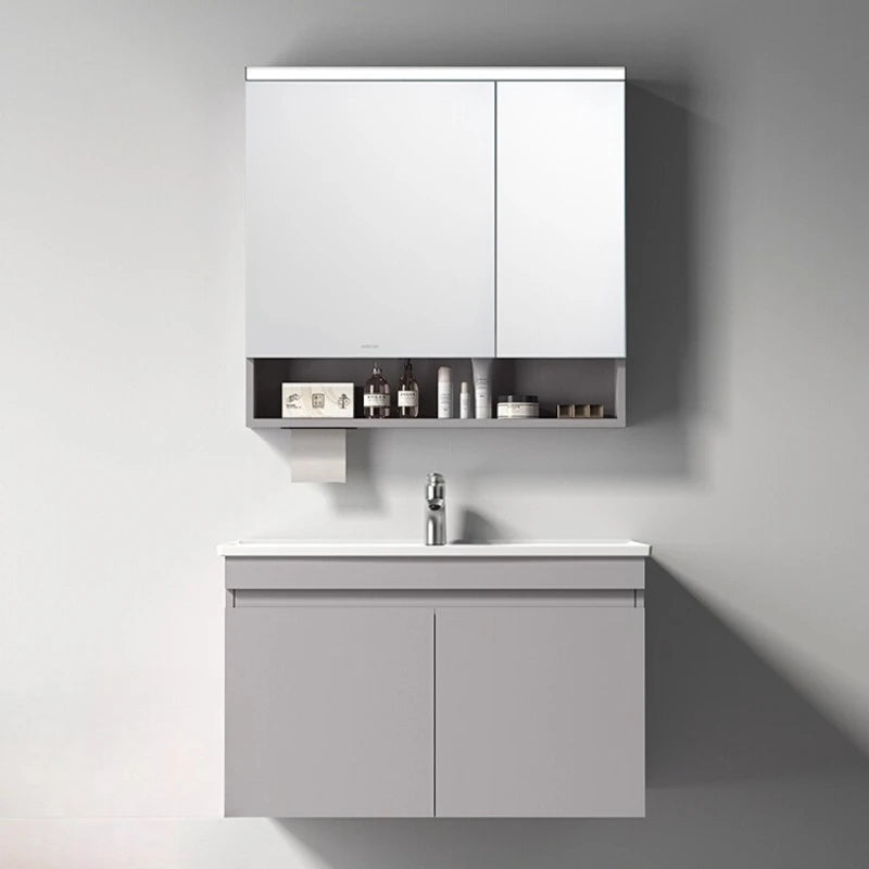 meuble salle bain moderne gris clair étagère distributeur papier toilette accessoires salle bain miroir