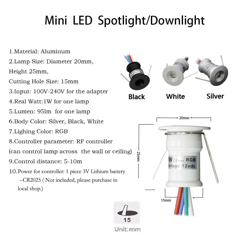 projecteur led rgb 1w 12v noir argent blanc moderne câbles adaptateur batterie