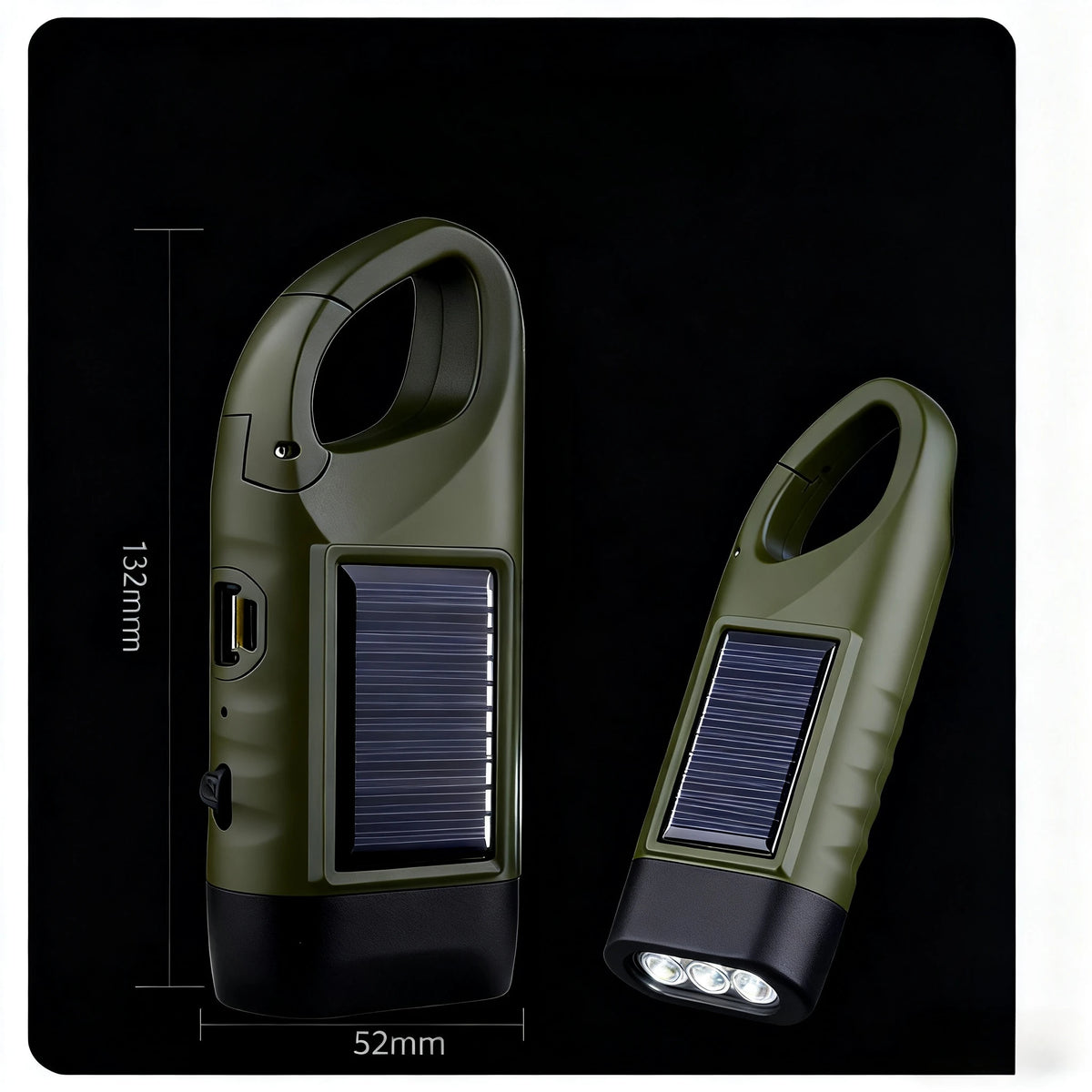 lampe torche solaire vert olive rechargeable rayures horizontales mode fixation annexe chargeurs camping