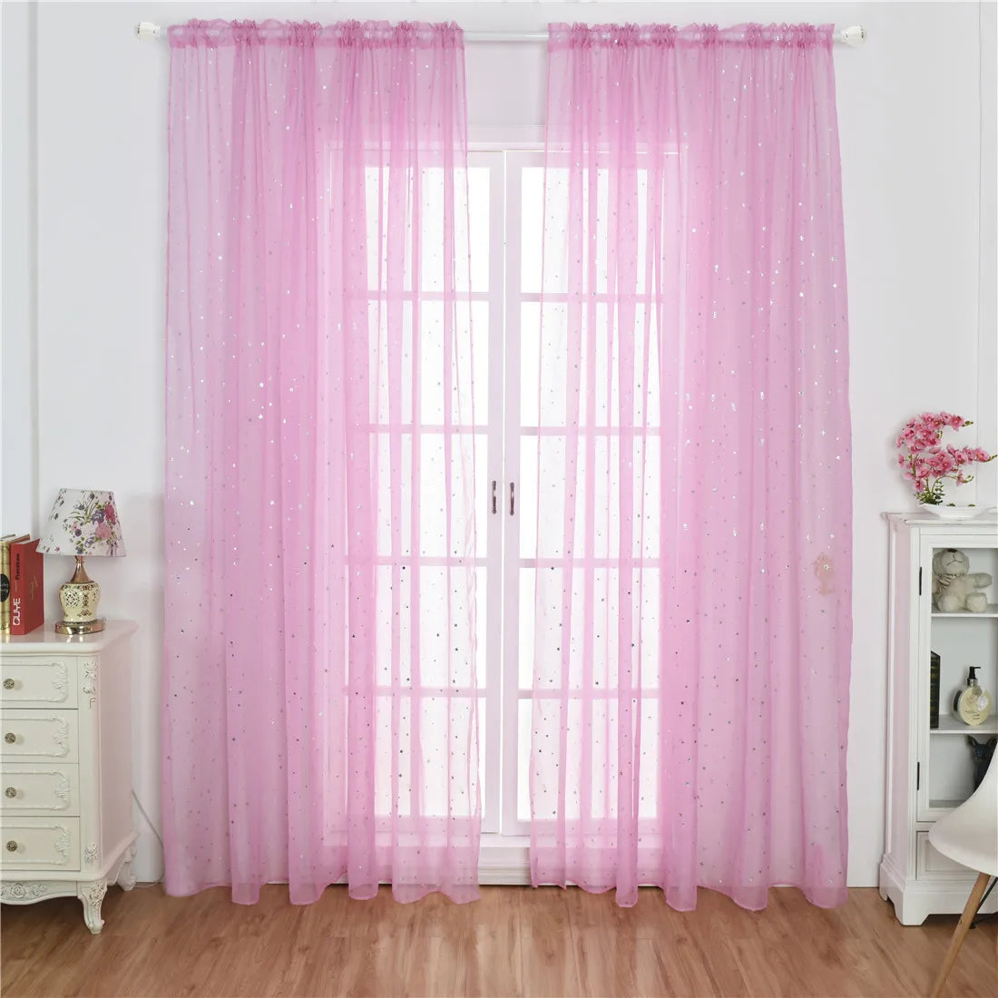 rideau moderne étoiles argentées bleu marine rose transparent anneaux suspension polyester coton chambre fille