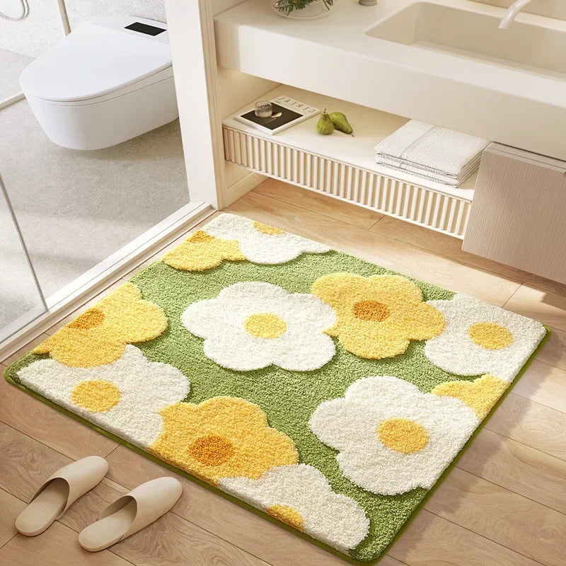 tapis bain microfibre carré motif fleurs moderne doux absorbant salle bain vert blanc