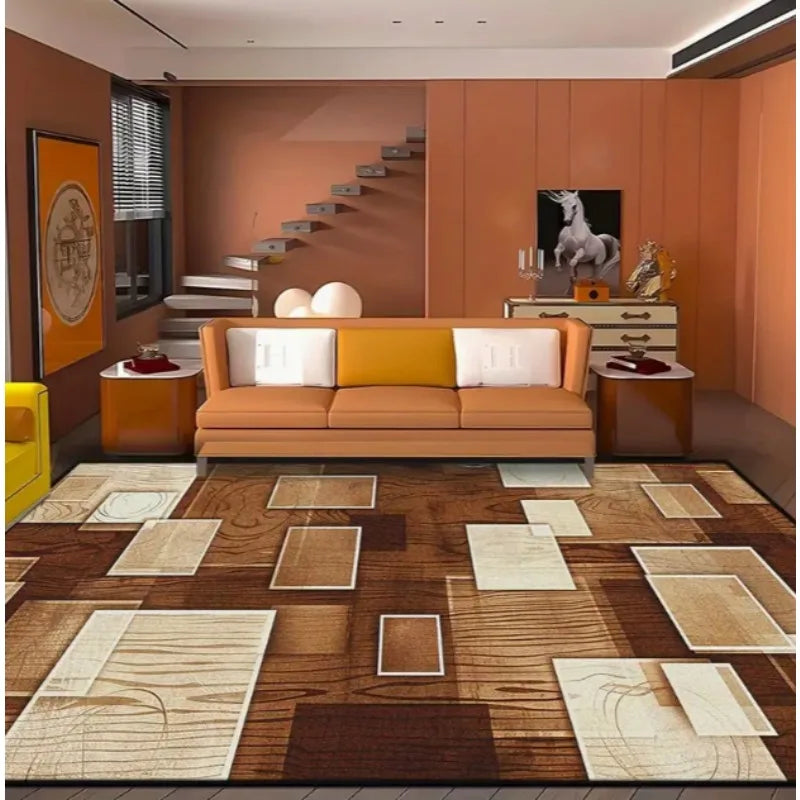tapis rectangulaire moderne carreaux géométriques marron beige noir salon intérieur extérieur décoration maison luxe