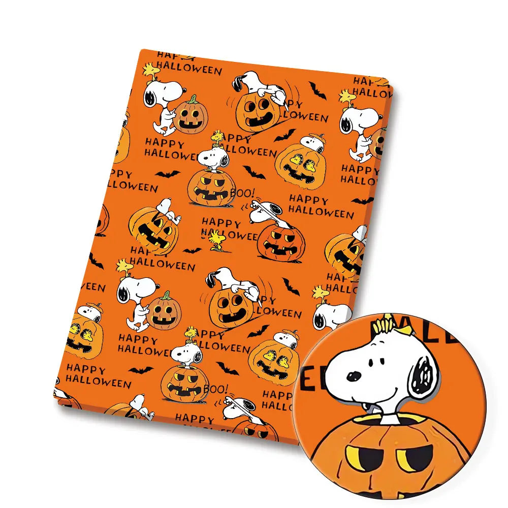 papier cadeau snoopy halloween espace fleurs autocollant illustration orange bleu marine noir blanc rose