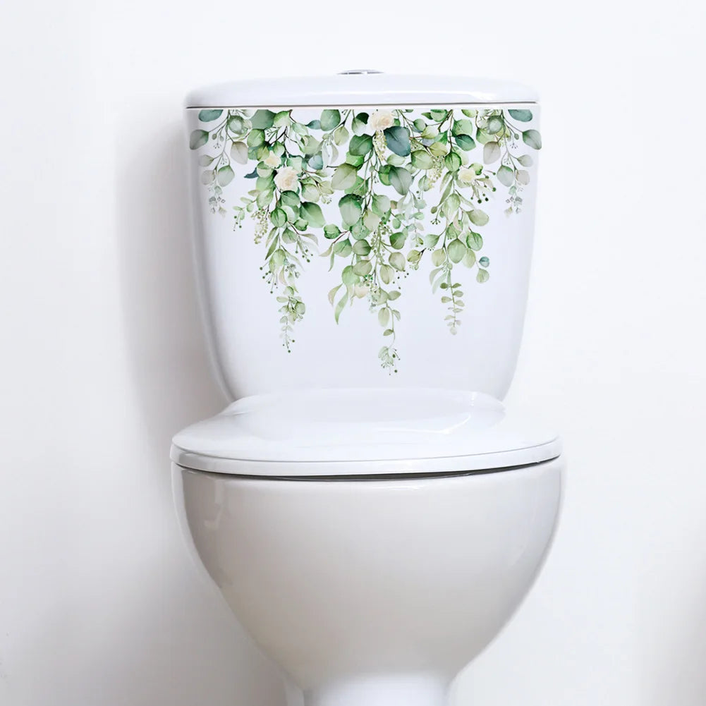autocollant mural plante verte fleur décoration moderne salle bain toilette adhésif pvc résistant eau