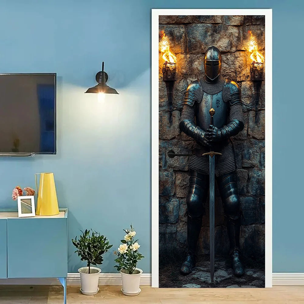 autocollant mural armure médiévale pierre flambeaux noir gris doré classique historique adhésif chambre décoration