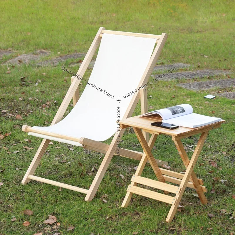 chaise longue pliable bois massif toile rayée plateau d'appoint plage