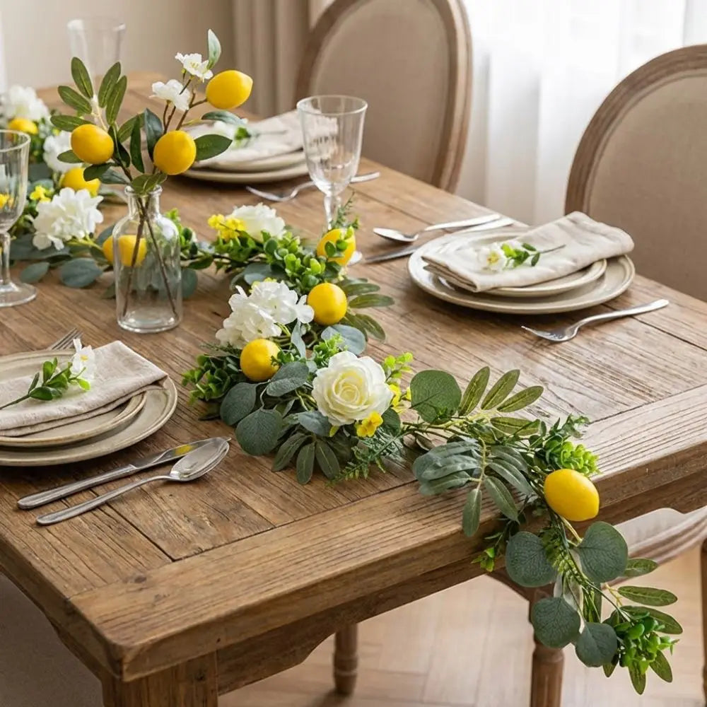 guirlande fleurs artificielles feuilles vertes citrons jaunes fleurs blanches naturel rustique decoration intérieure fête