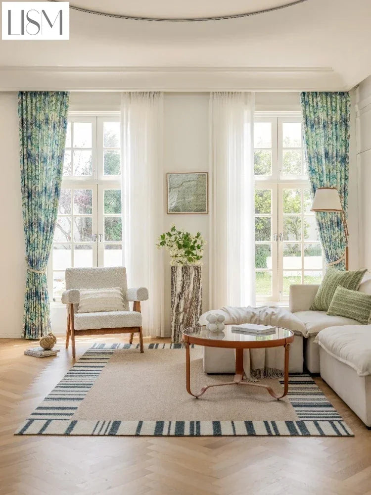 rideau opaque motif fleurs feuilles naturel couleur bleu vert beige salon chambre maison