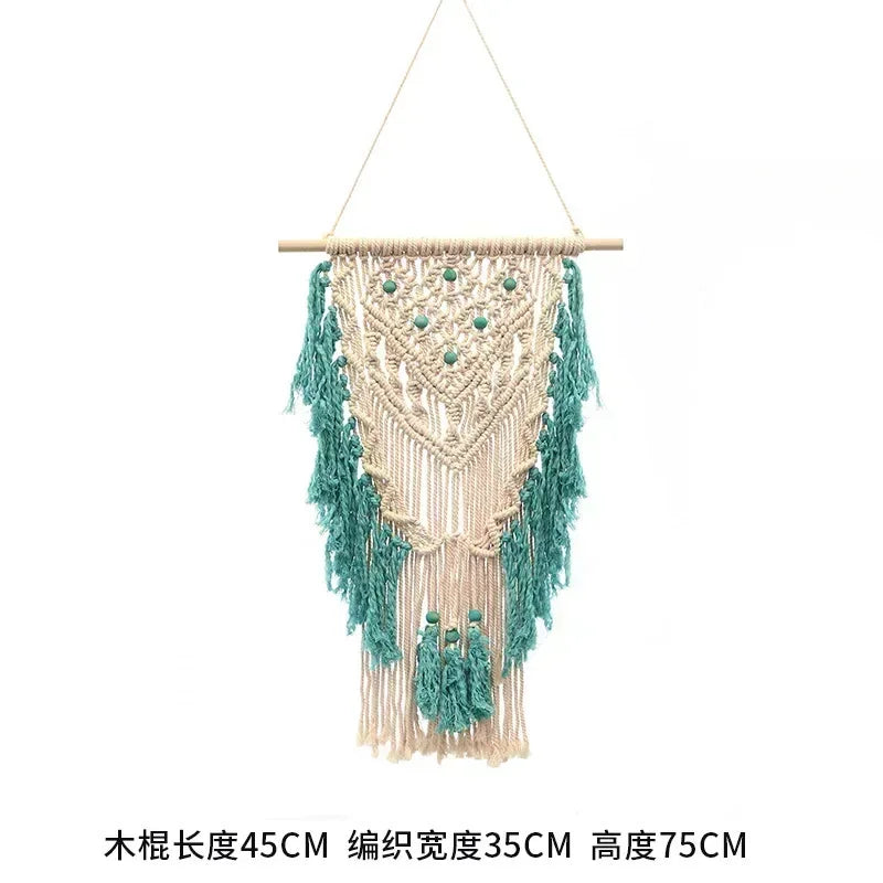 tapisserie macramé boho chic beige motifs géométriques franges moderne suspension maison