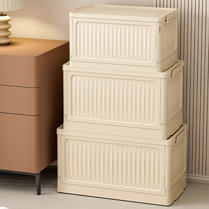 boîtes rangement pliables beige clair rayures verticales moderne poignées efficace élégante multifonction organiser espaces