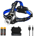 lampe frontale led rechargeable usb noir bleu rayures ajustable ceinture modes luminosité ipx4 water