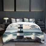 ensemble literie moderne impression phares oiseaux mer nuages noir blanc gris bleu vert beige