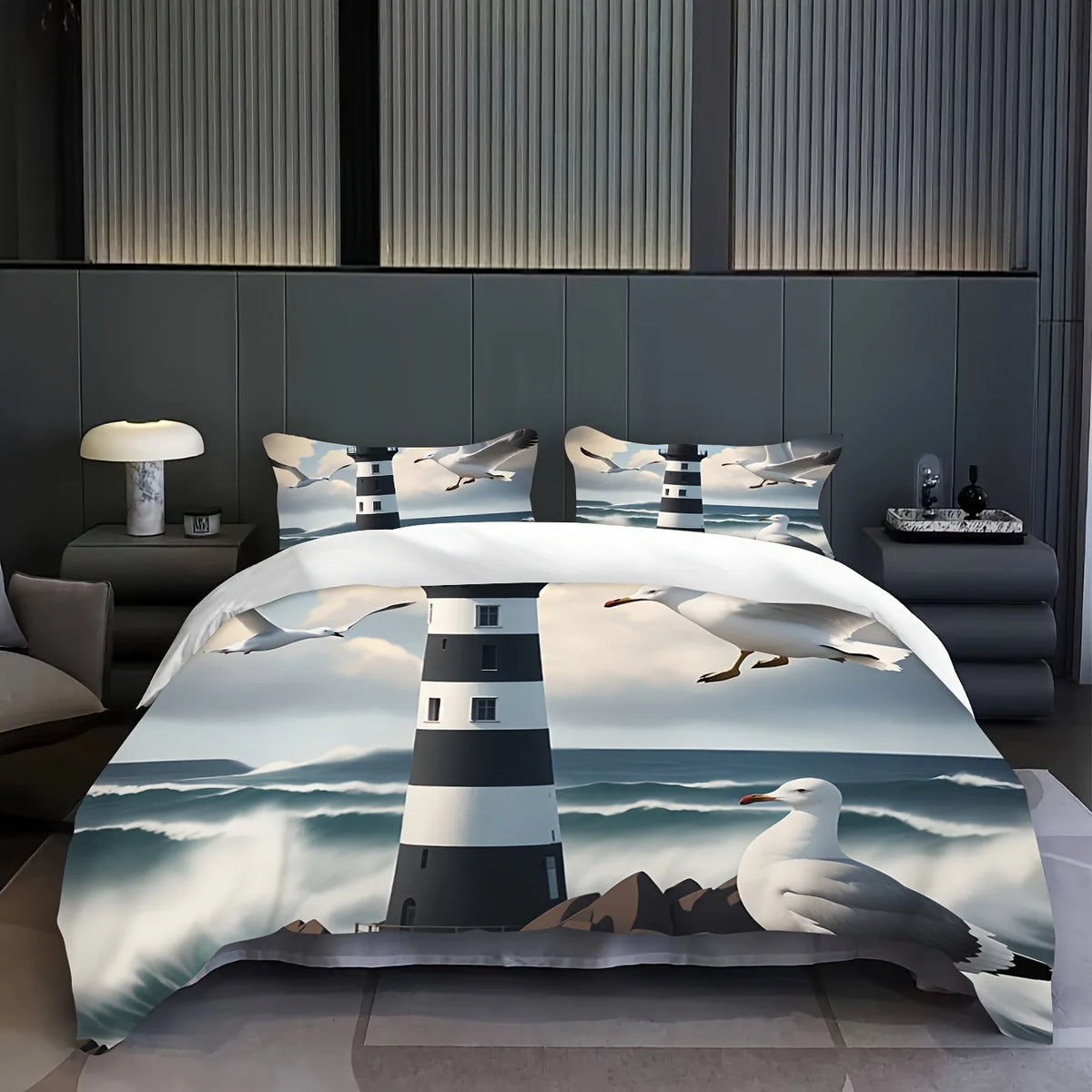 ensemble literie moderne impression phares oiseaux mer nuages noir blanc gris bleu vert beige
