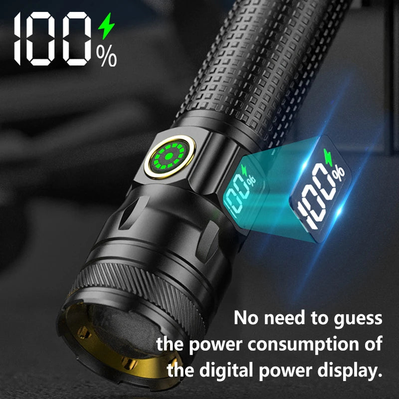 lampe poche led rechargeable écran numérique zoomable 2000 lumens noir tactical camping