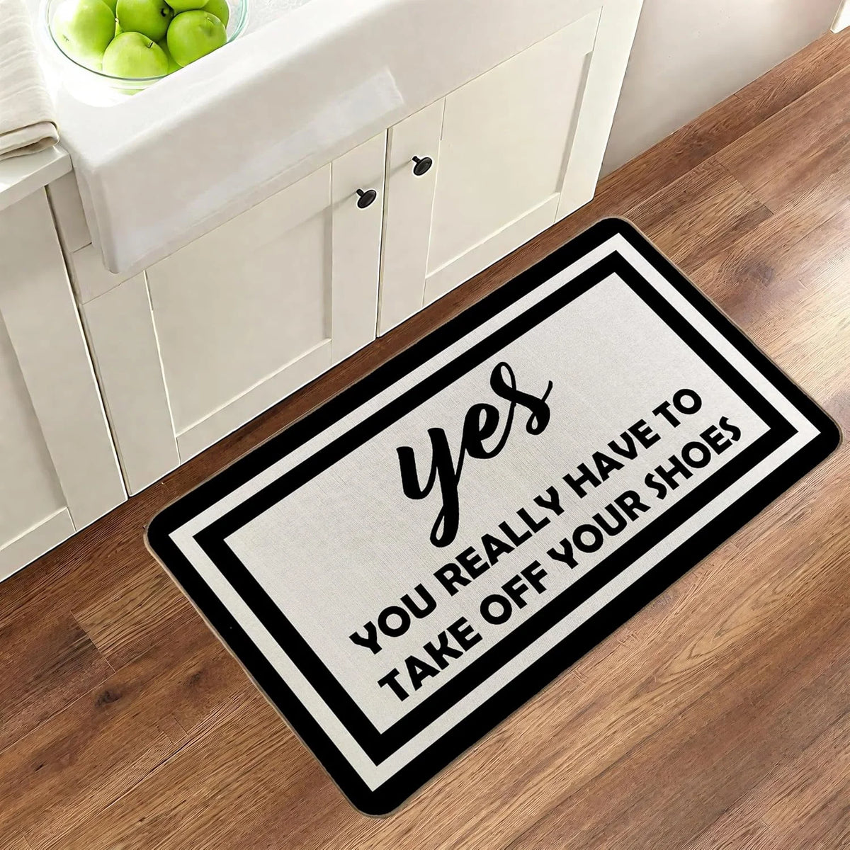 tapis moderne sol extérieur adulte polyester résistant lettres blanches fond beige bordure noire 30x50cm