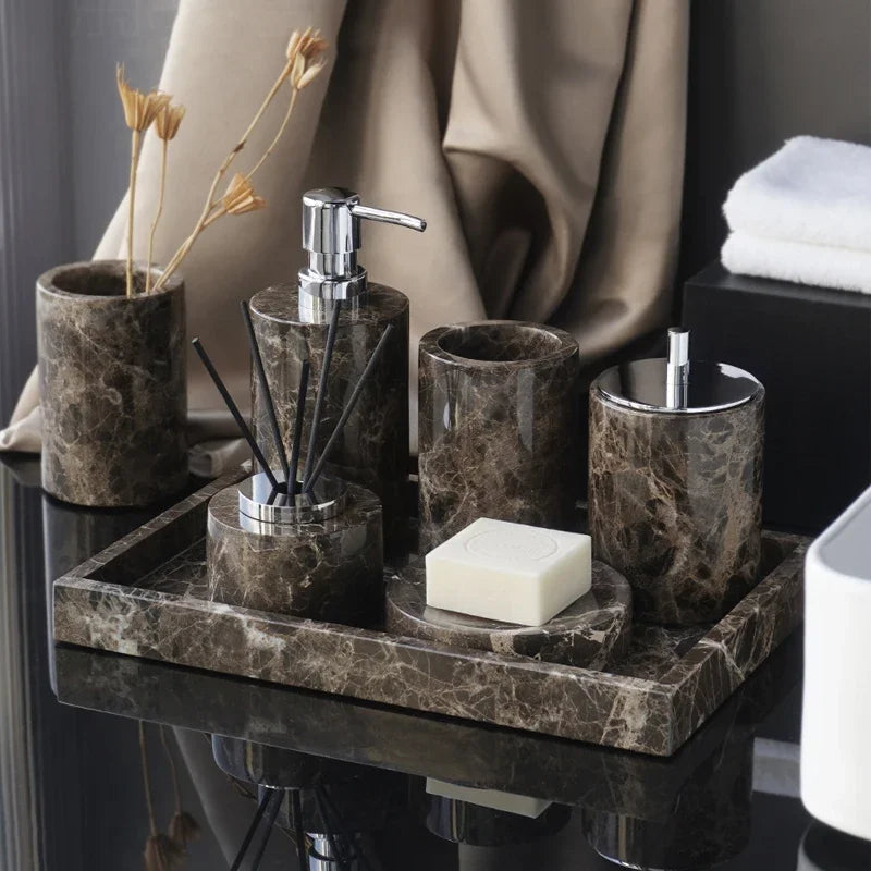 ensemble salle bain marbre distributeur savon porte savon diffuseur huiles essentielles noir doré