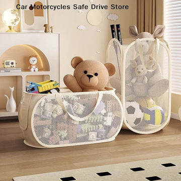 panier jouets enfant moderne maille beige clair poignées détachables rangement organisation jeux