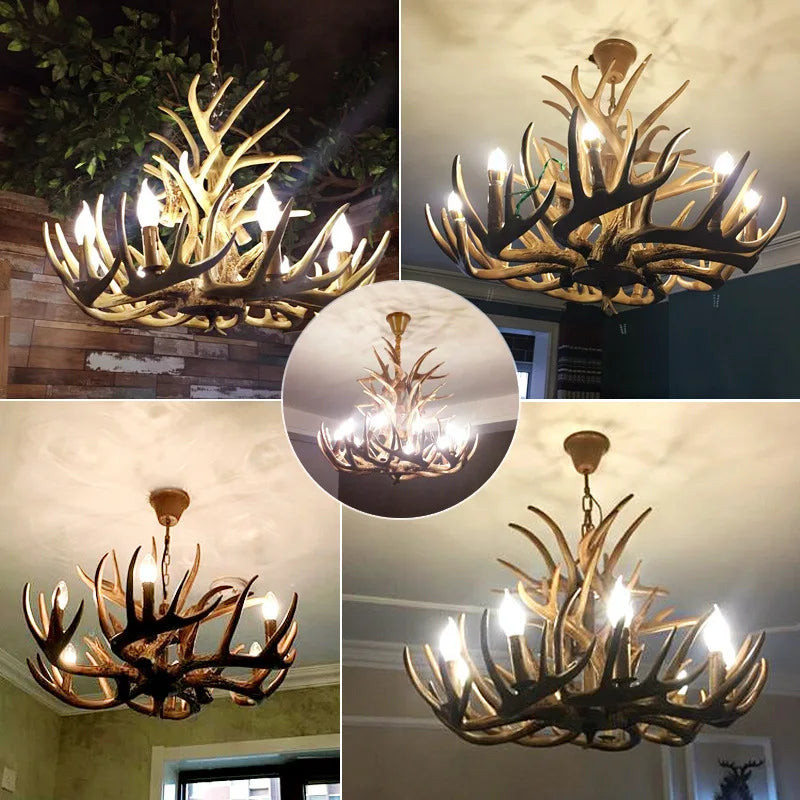lustre rustique cornes cerf blanc doré salon chambre hotelambiante 10~15ampoules e14