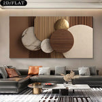 tableau decoratif moderne abstrait forme geometrique toile couleur marron beige doré decoration murale horizontal