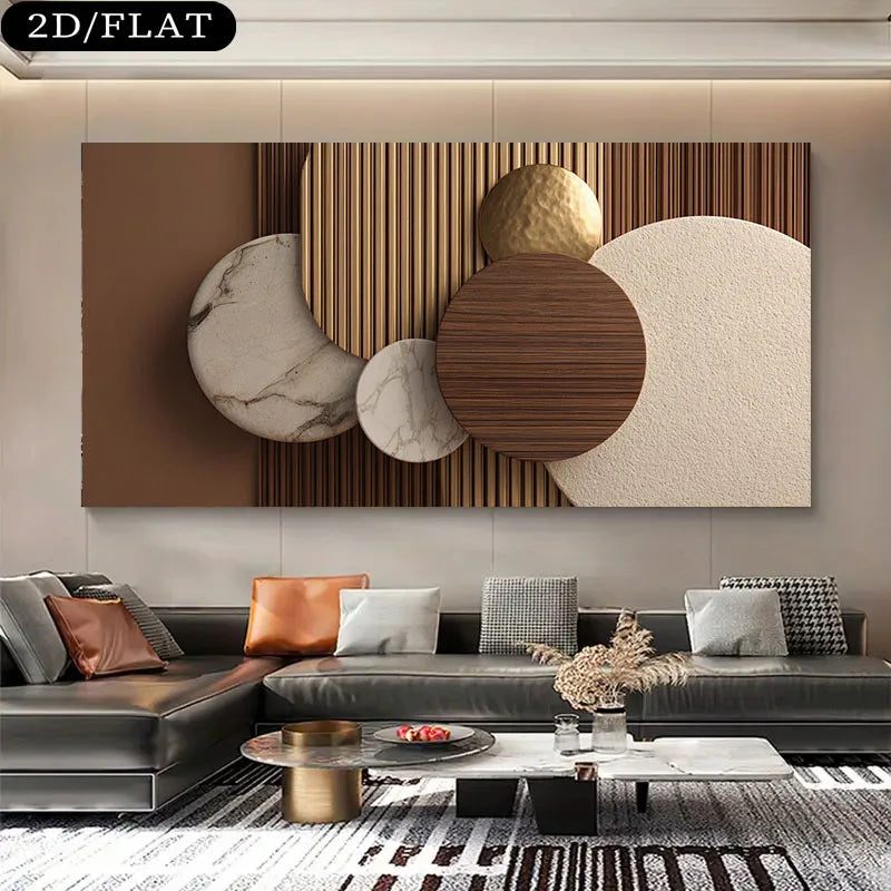 tableau decoratif moderne abstrait forme geometrique toile couleur marron beige doré decoration murale horizontal