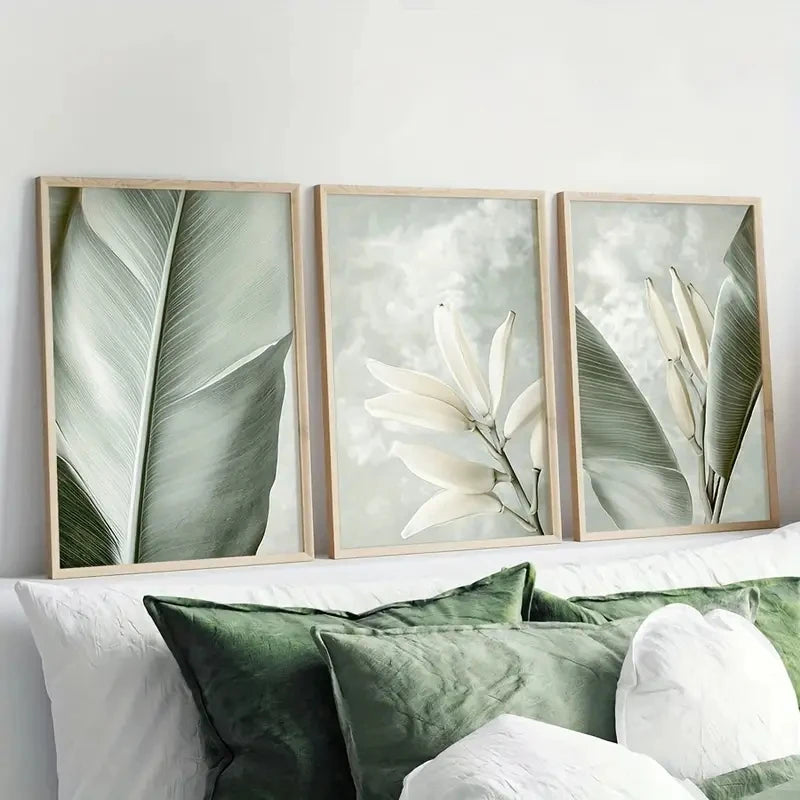 tableaux moderne naturels motifs floraux bananier fleurs vert clair blanc beige sans cadre