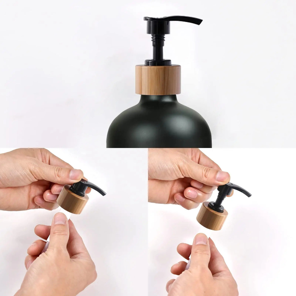 distributeur savon liquide cuisine pompe bois bouteille blanche noire vaisselle mains pot verre