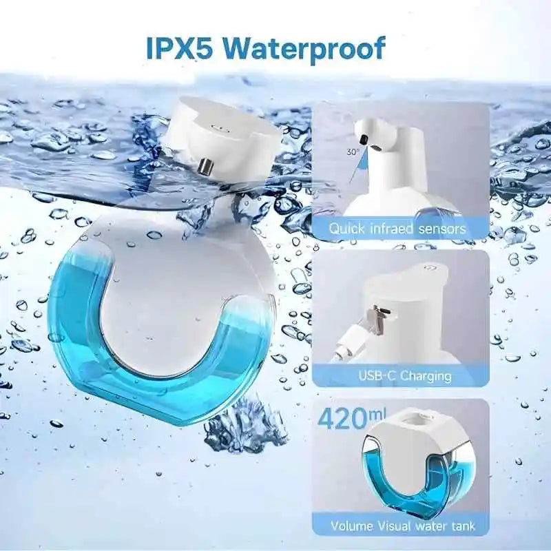 distributeur automatique savon mousse blanc bleu translucide moderne minimaliste fixation murale rechargeable hygiène mains