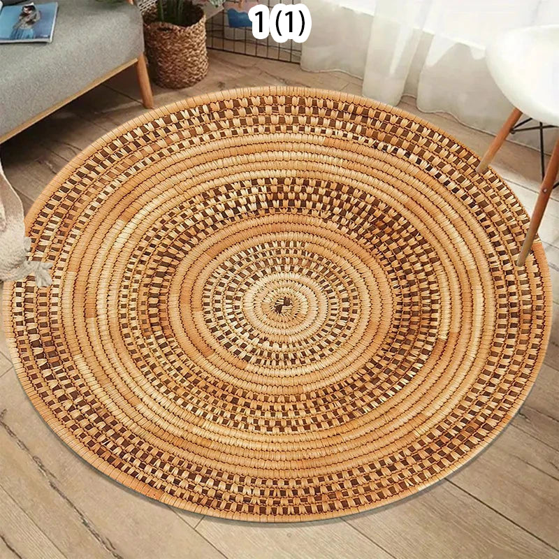 tapis boho naturel tissé motifs géométriques spirale concentrique adhésif salon chambre 80x80cm 120x120cm