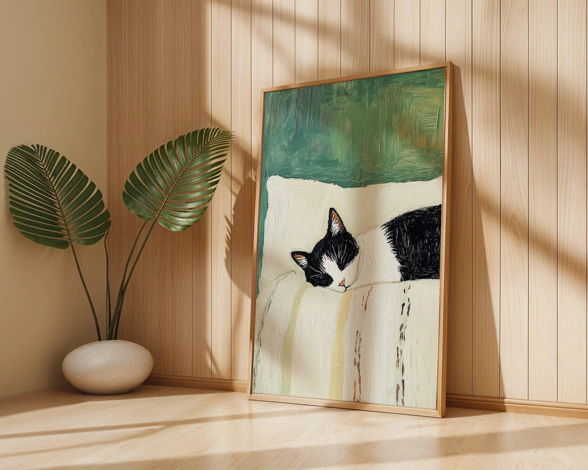 tableau moderne chat dormant toile peinte noir blanc vert beige opaque sans cadre