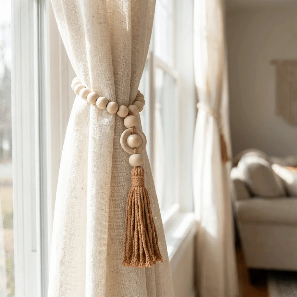 boucles rideau bois pompons boho chic beige rose gris blanc