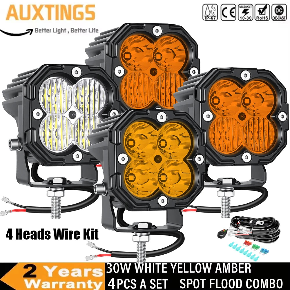 feux travail led 30w noir orange quadrillé combo spot flood vtt suv moto