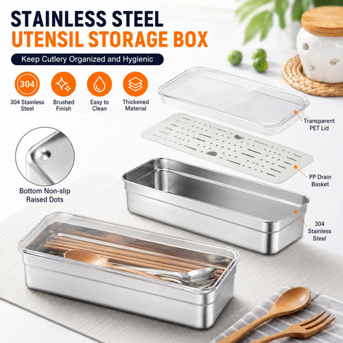 boîte rangement ustensiles cuisine acier inoxydable moderne argentée drain basket