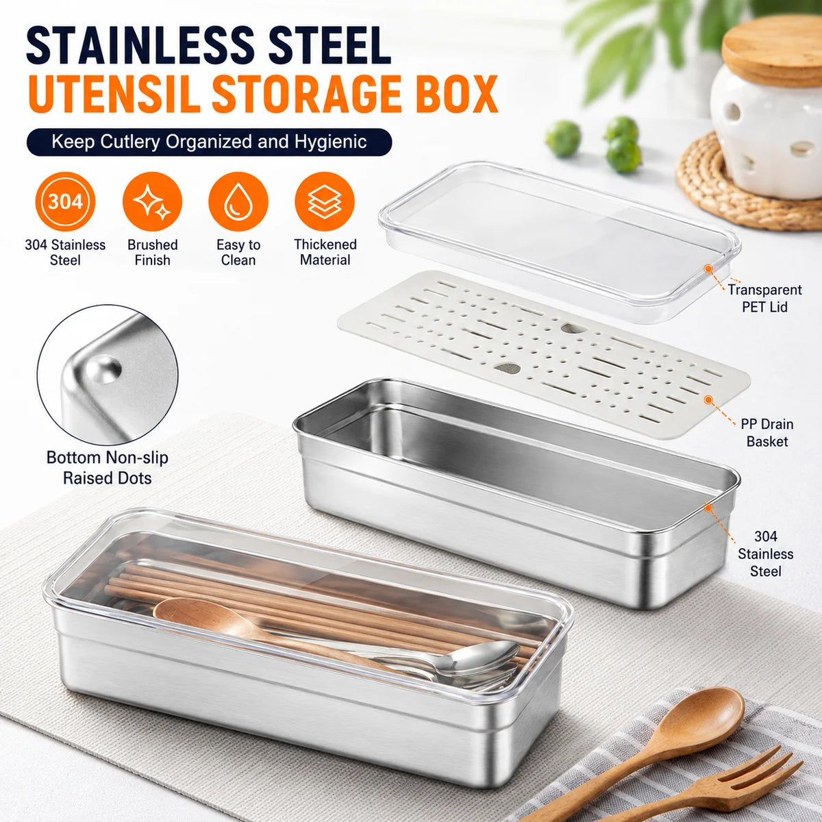 boîte rangement ustensiles cuisine acier inoxydable moderne argentée drain basket