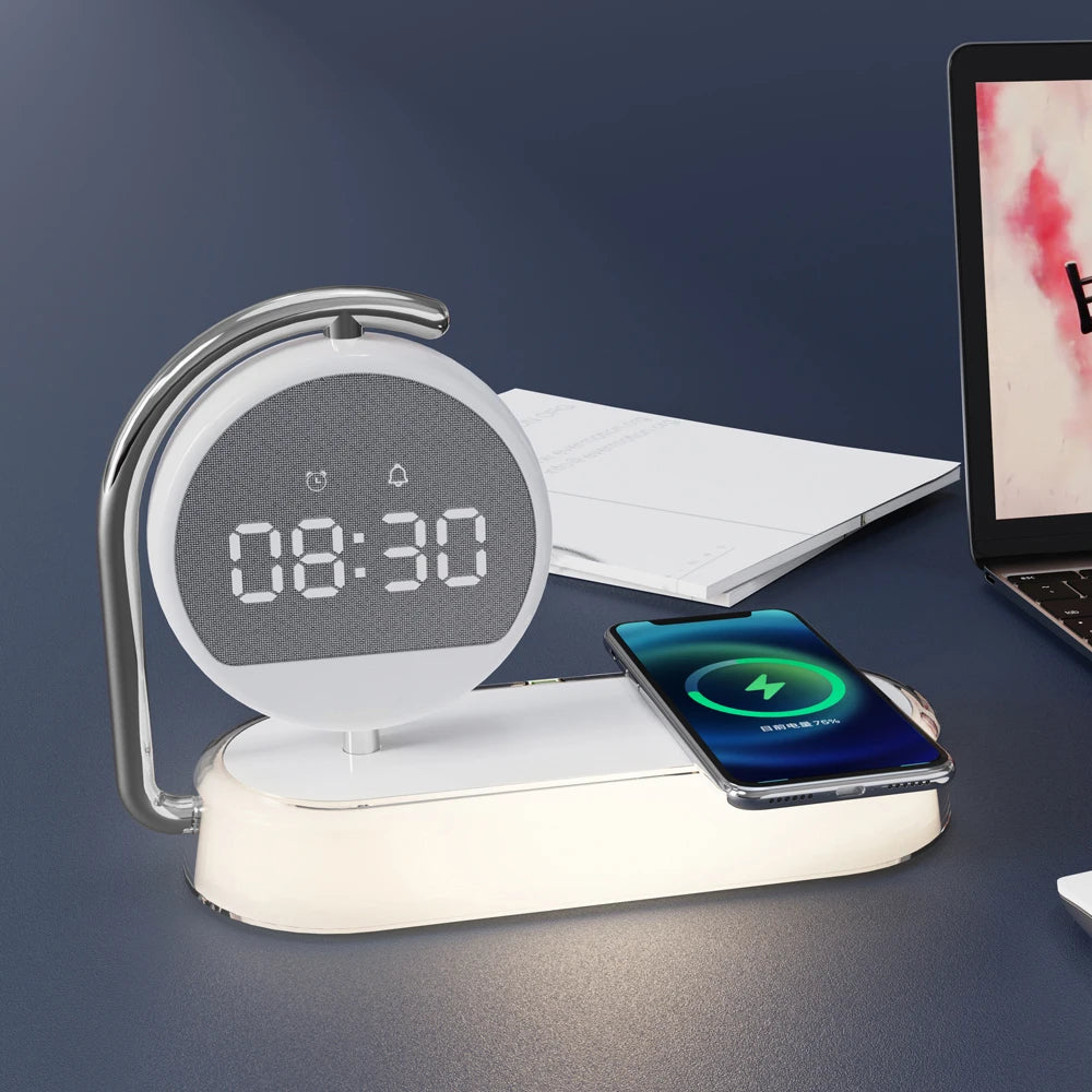 Chargeur sans fil 15W intégré dans un réveil design