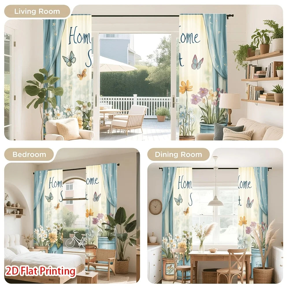 rideau imprimé fleurs papillons textes sweet moderne opacité polyester bleu blanc beige