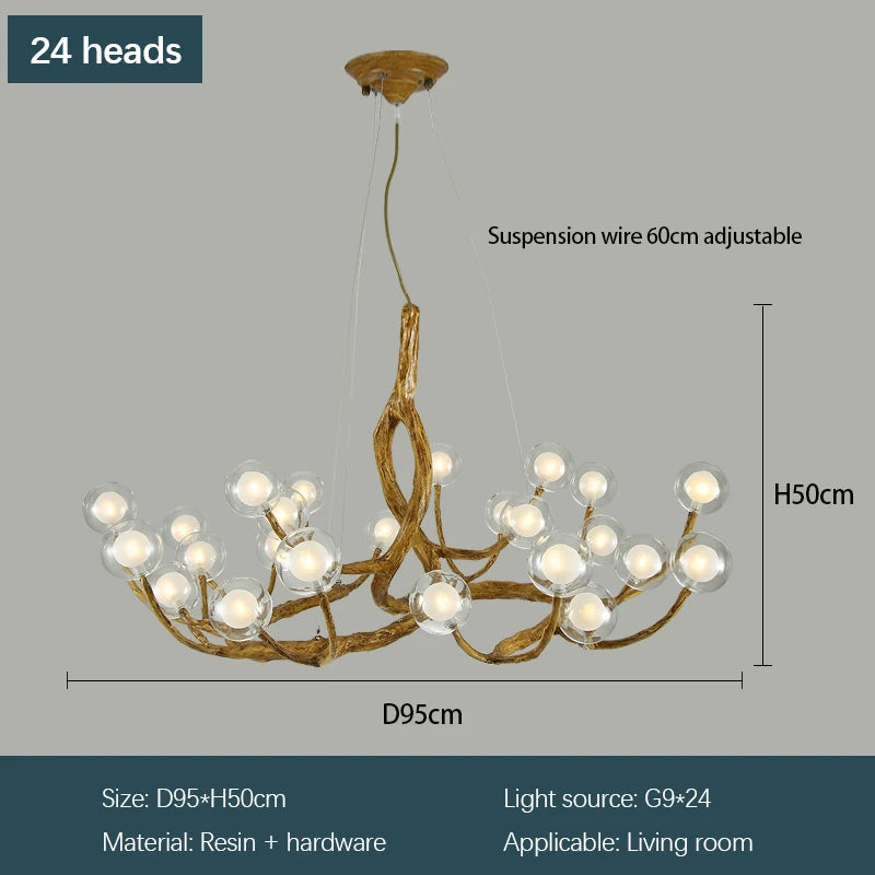 lampe suspendue moderne dorée branches naturelles 12 boules verre chaînes métalliques salon chambre
