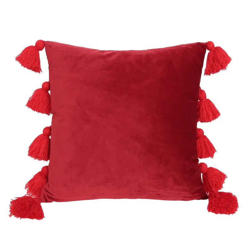 housse coussin velours moderne bohème couleur unie pompon décoratif 45x45cm