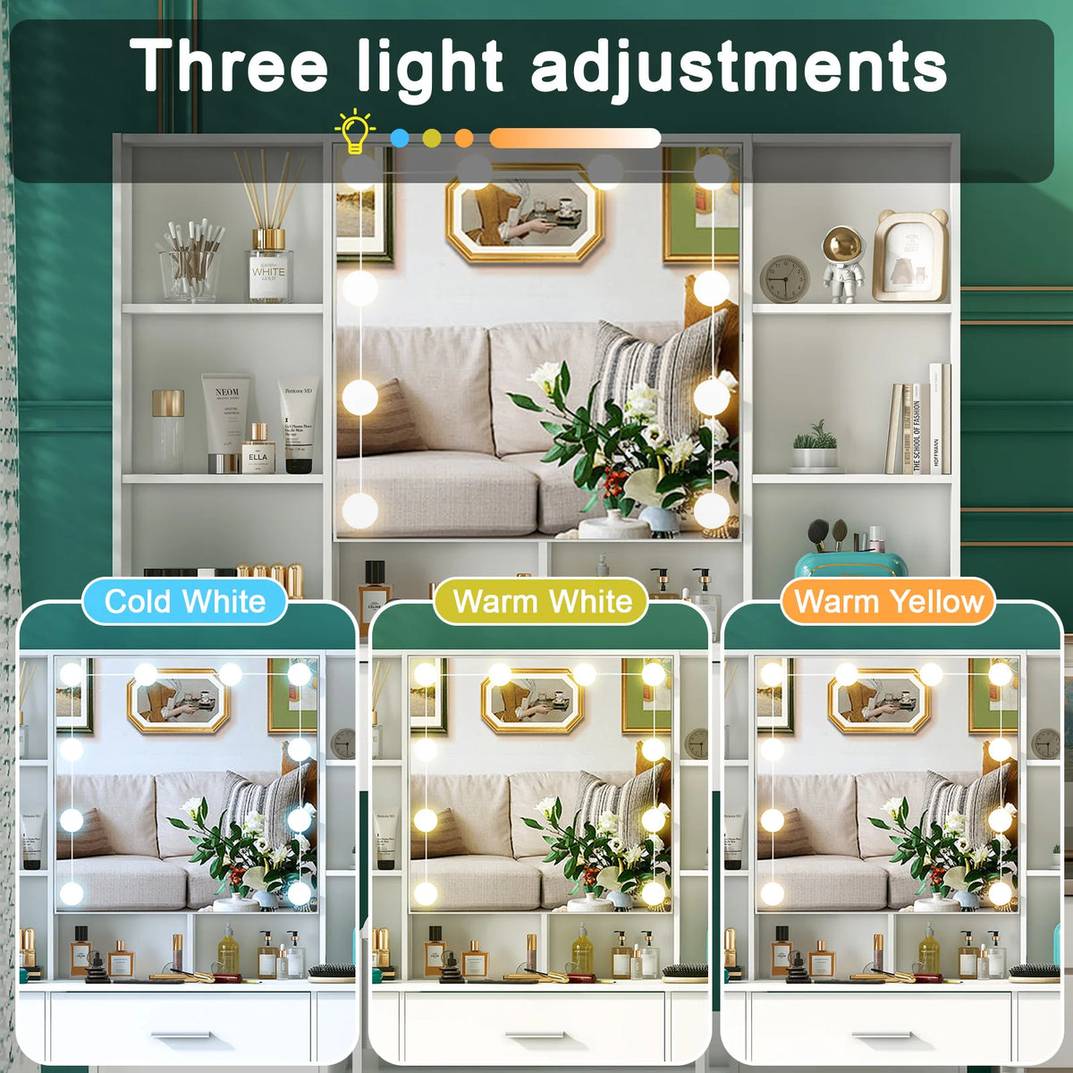 table maquillage moderne blanc miroir glissière éclairage led