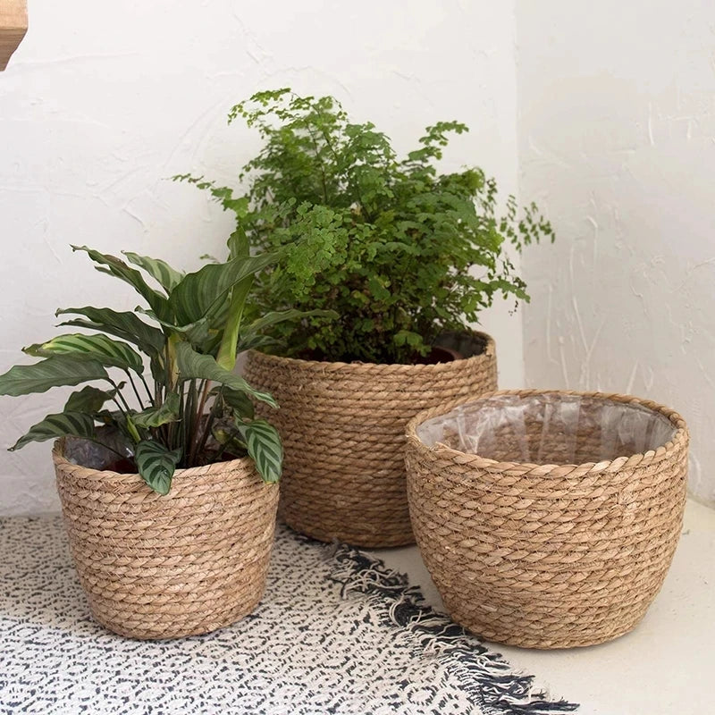 panier corde tressée beige naturel plantes fleurs décoration intérieure jardin rustique