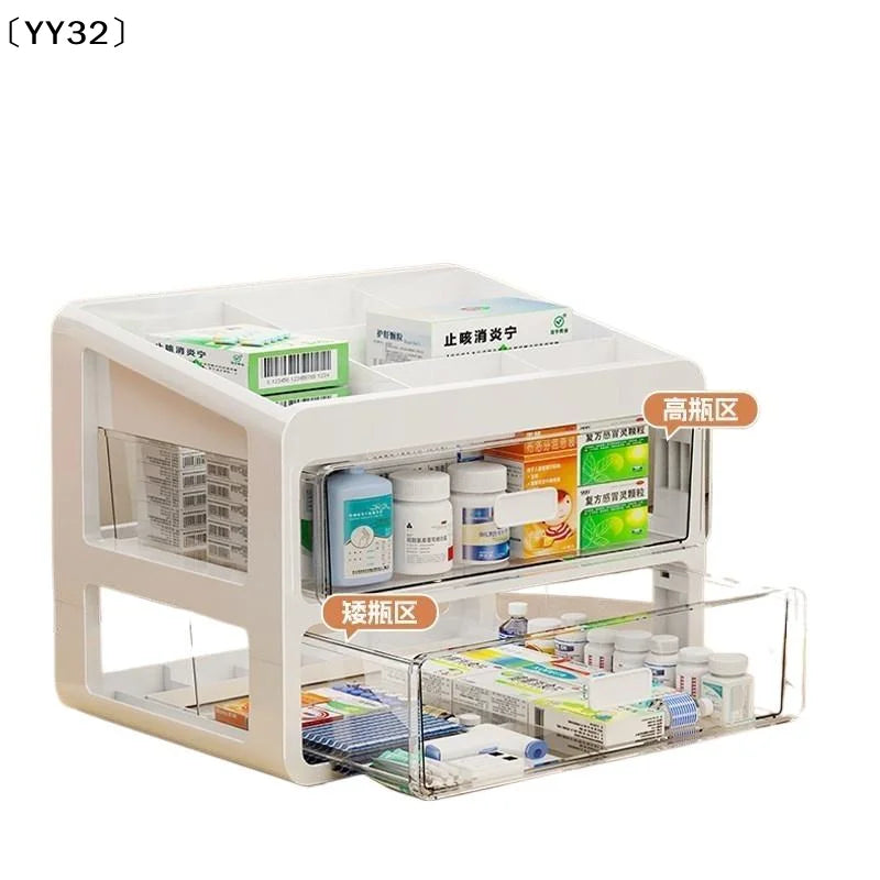 boîte rangement médicaments transparente moderne blanc compartiments bouteilles différentes tailles organisation pharmacie portative