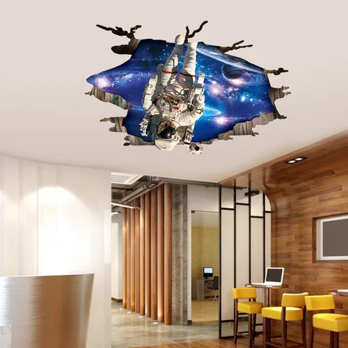 sticker mural 3d multicolore planètes étoiles ciel nocturne nuages effet trompe l’oeil chambre moderne