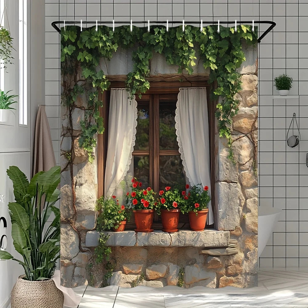 rideau douche rustique fenêtre pierre plantes grimpantes rideaux blancs fleurs rouges potsOpaque beige marron