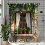 rideau douche rustique fenêtre pierre plantes grimpantes rideaux blancs fleurs rouges potsOpaque beige marron