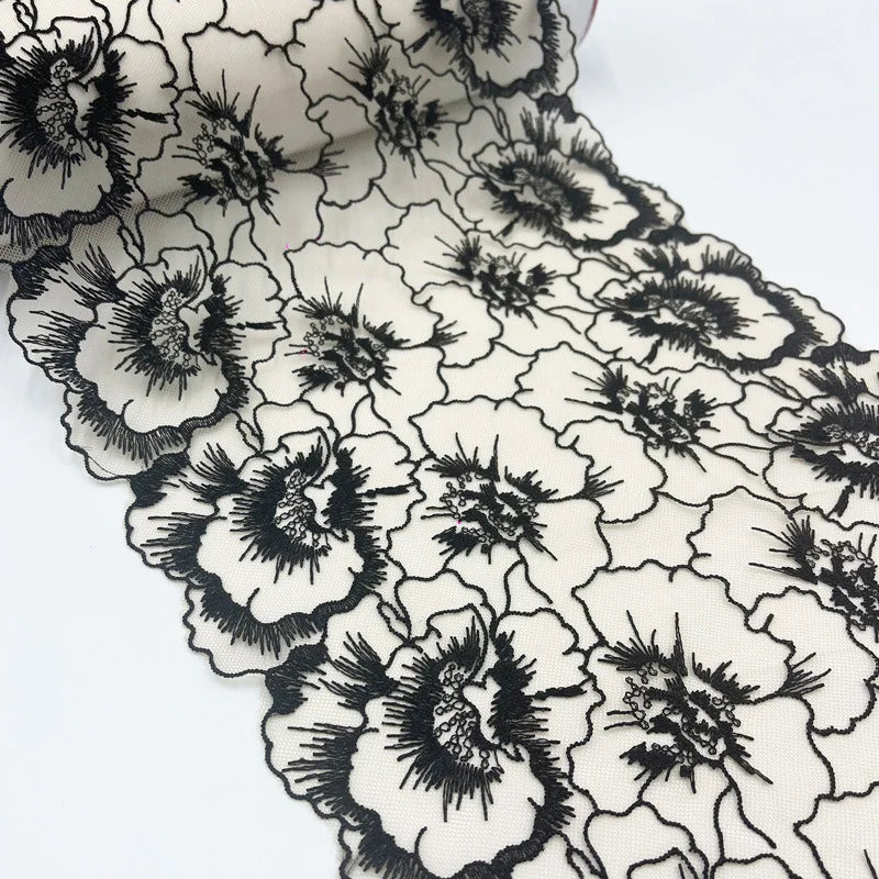 tissu dentelle brodée fleurs blanc rose noir vert bleu translucide 20cm élastique écologique trims