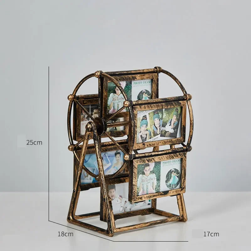 cadre photo vintage grande roue transparent bronze or argenté decoration florale photos inclusion industrielle