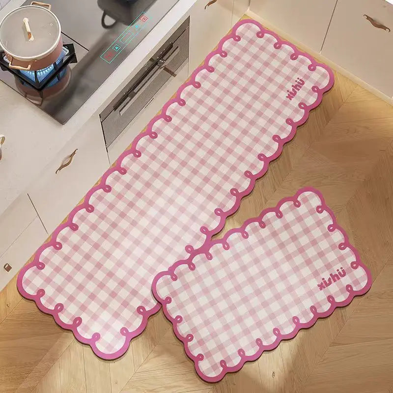 tapis sol moderne carreaux rose bleu gris antidérapant absorbant cuisine salle bain