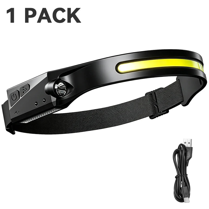 lampe frontale rechargeable led noir jaune ceinture ajustable mode sensoriel ipx4 waterproof