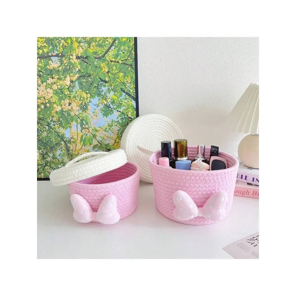 paniers rangement tissu tressé rose beige ours lion couvercles rubans pois enfantins