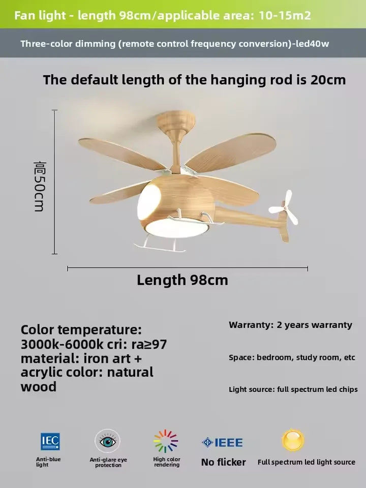 ventilateur intelligent enfants bois lumières led hélicoptère moderne télécommande